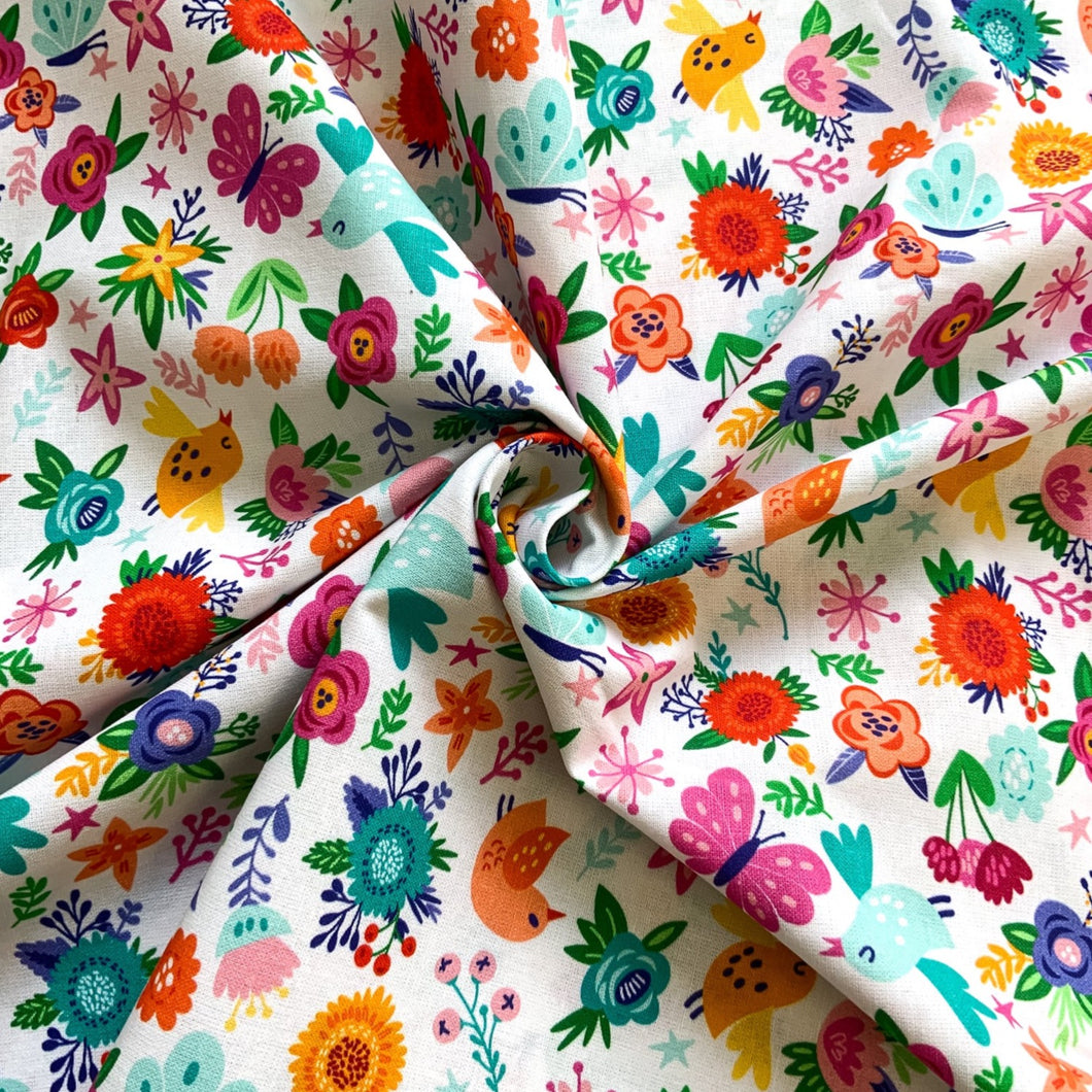 Bright Blooms Birds and Butterflies - Cotton