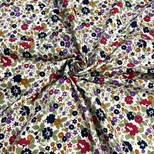 Load image into Gallery viewer, Introducing this beautiful poppy like floral print cotton lawn. Amazing rich vivid colours with fuchsia and navy poppy style flowers in various sizes taking centre stage, it also has flowers in mustard and lilac all against an off white background. Cotton lawn is a plain weave textile with a smooth finish, light in weight and also soft to the touch. A great fabric to work with, incredibly versatile and would suit dresses and blouses. 

