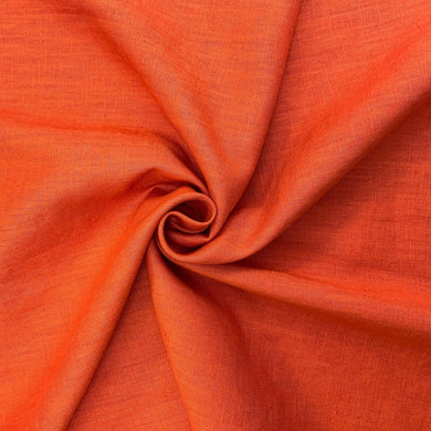 This is a wonderful orange washed linen fabric. Washed linen means fabric which has been washed already to reduce shrinkage and provide additional softness. The fabric quality is lovely, with a strong sturdy handle but still provides some drape across the body. Linen is a great fabric to use because it feels light and is  breathable. It is an ideal dressmaking fabric for clothing such as dresses, skirts, trousers but also decorative purposes too.