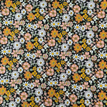 Load image into Gallery viewer, A lovely fabric with a burst of flowers in various sizes, with colours such as green, mustard yellow, white, lilac and orange against a black background. The poplin fabric is a strong, crisp with a smooth and lightweight finish , making it a versatile sewing fabric for different makes including dresses, shirts and skirts.
