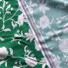Load image into Gallery viewer, Tencel Lawn fabric with white stencil like flowers against a grass green background.
