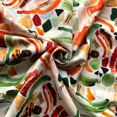 We have this beautiful Pigeon wishes fabric called Abstract Water Paint and the name is quite appropriate with such a wonderful range of bright colours including orange, green, blue and peach against a white background.